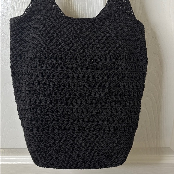 Black Slouch Crochet Knit Shoulder Bag with Snap Closure and inside Open Pocket - Picture 2 of 12